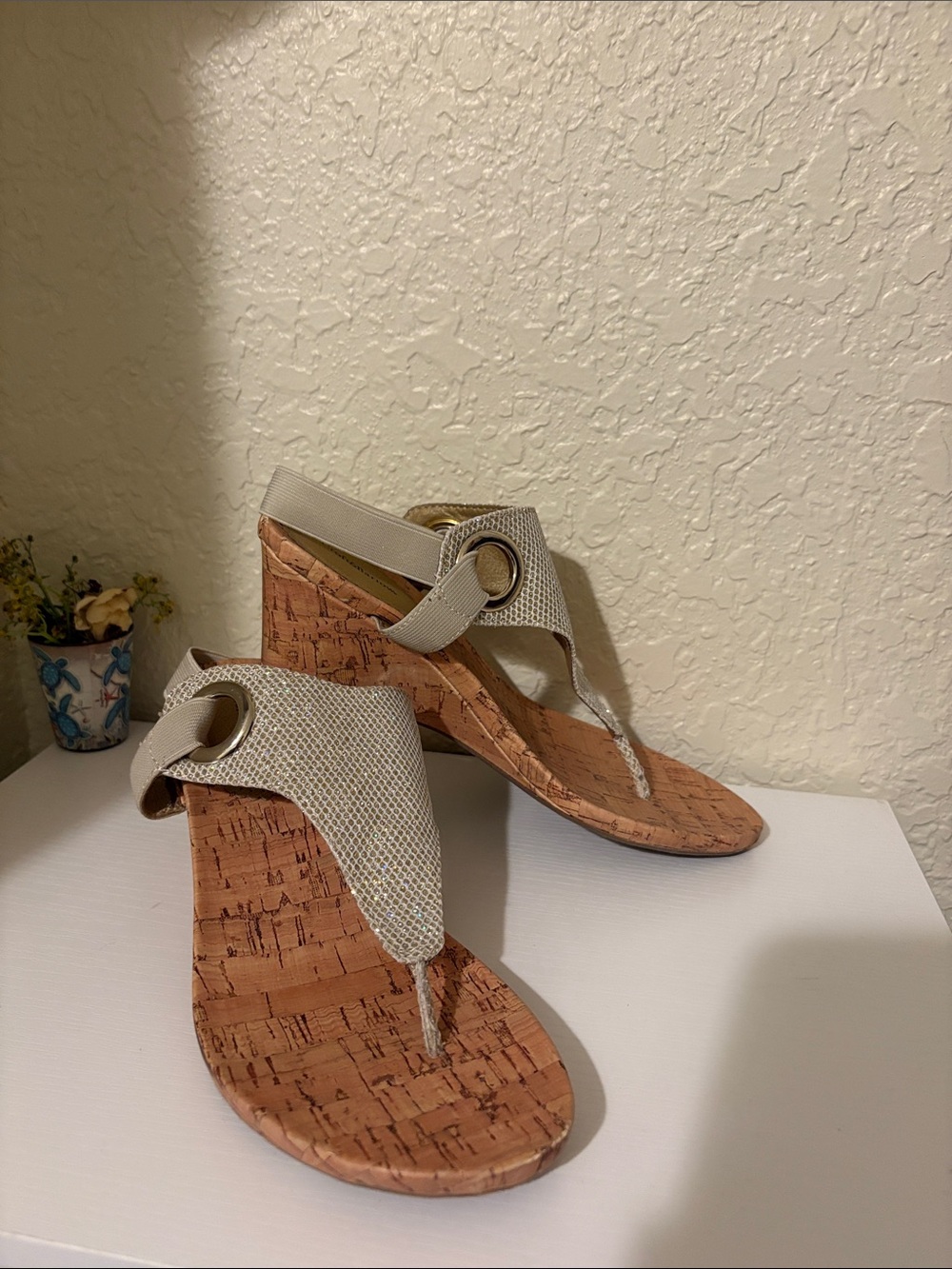 croft & barrow Tan Cork Wedge Thong Sandals with Metallic Ring